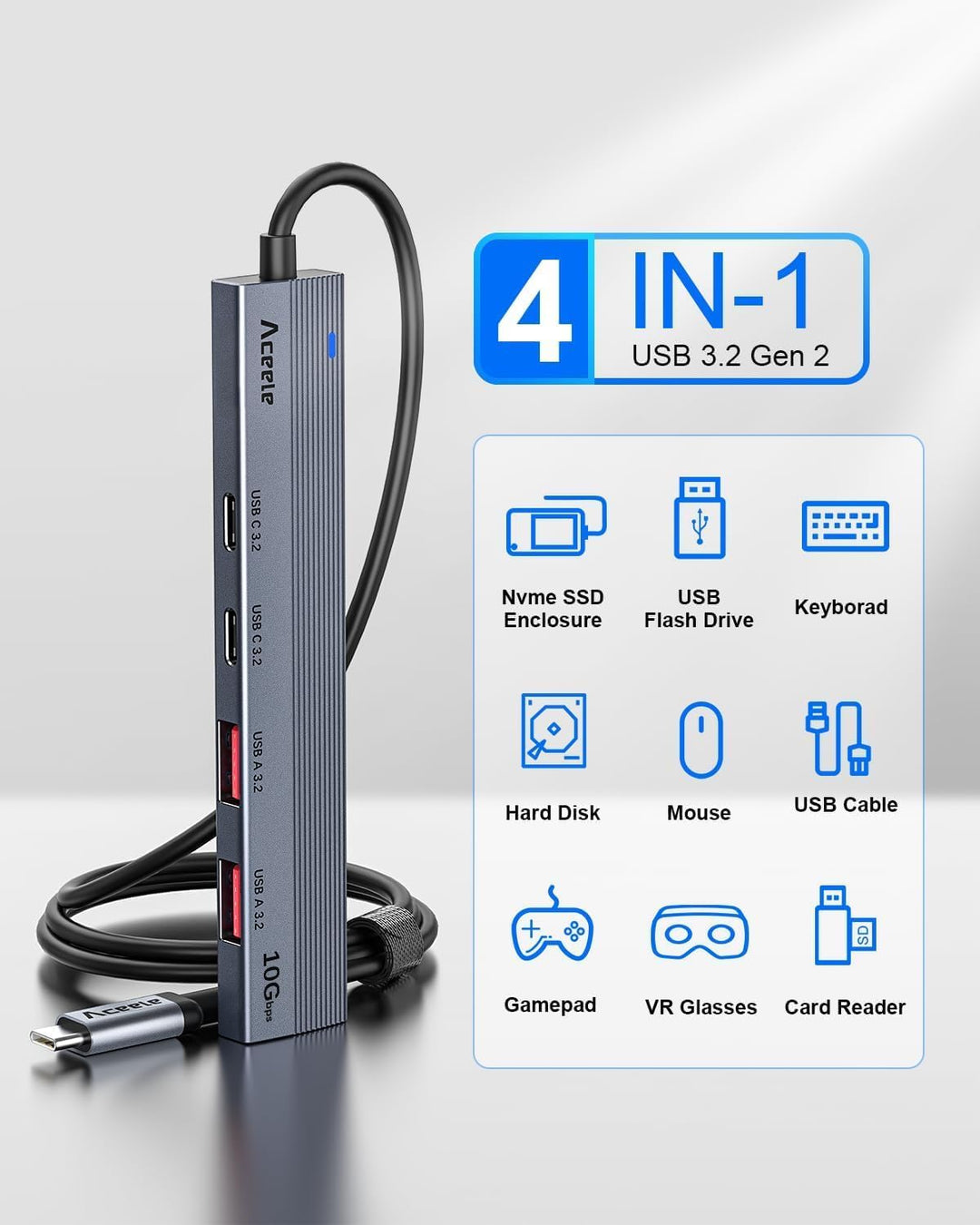 Aceele USB C Hub 10-Gbit/s mit 2 USB-A und 2 USBC-3.2-Anschlüssen, USB3.2 Gen 2 Verteiler mit 1 m Ve