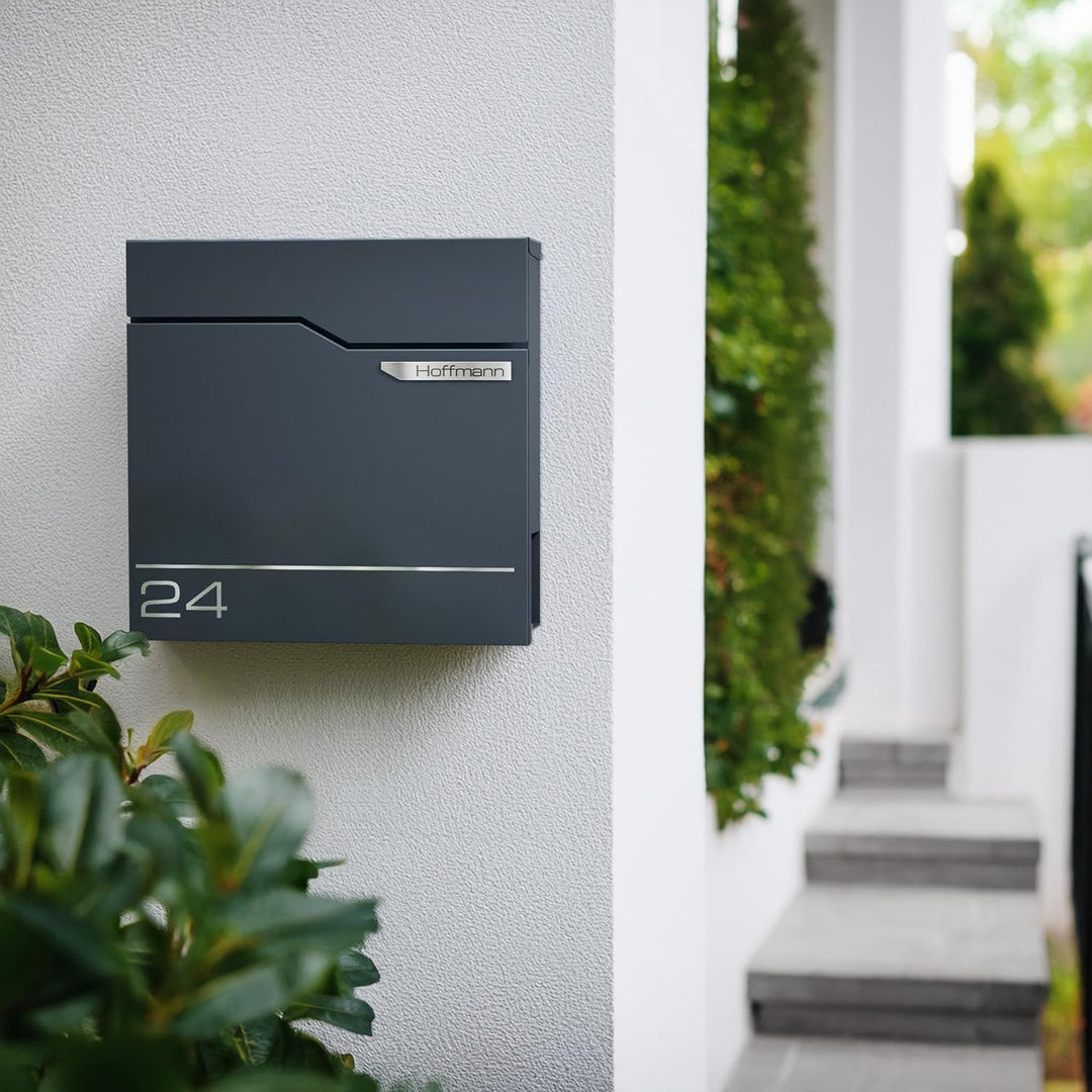 Metzler Exklusiver Briefkasten in Anthrazit RAL 7016 Hoffmann - Wandbriefkasten mit V2A Edelstahl-Na