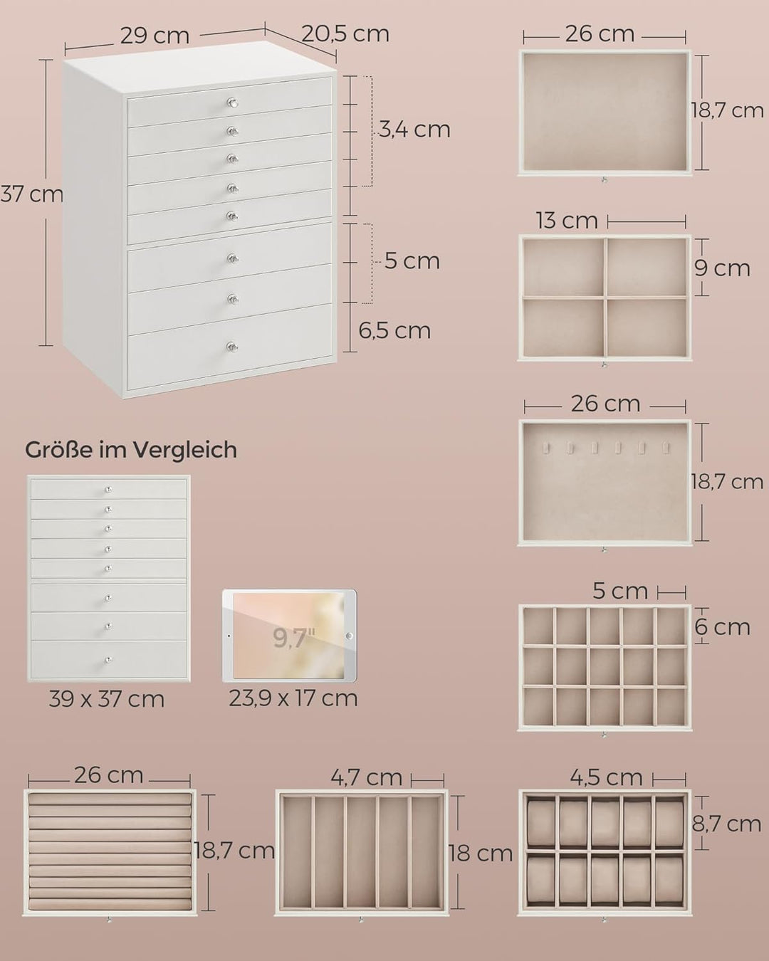 SONGMICS Schmuckkästchen, 8 Ebenen, Schmuckkasten mit Schubladen, Schmuckaufbewahrung geräumig, Schm