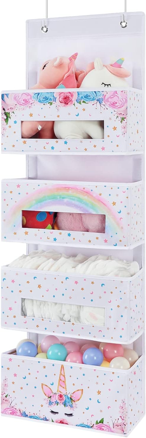 WERNNSAI Magisch Einhorn Hängeorganizer - 4 Taschen Faltbares Hängeregal fürs Kleinkind Mädchen Spie