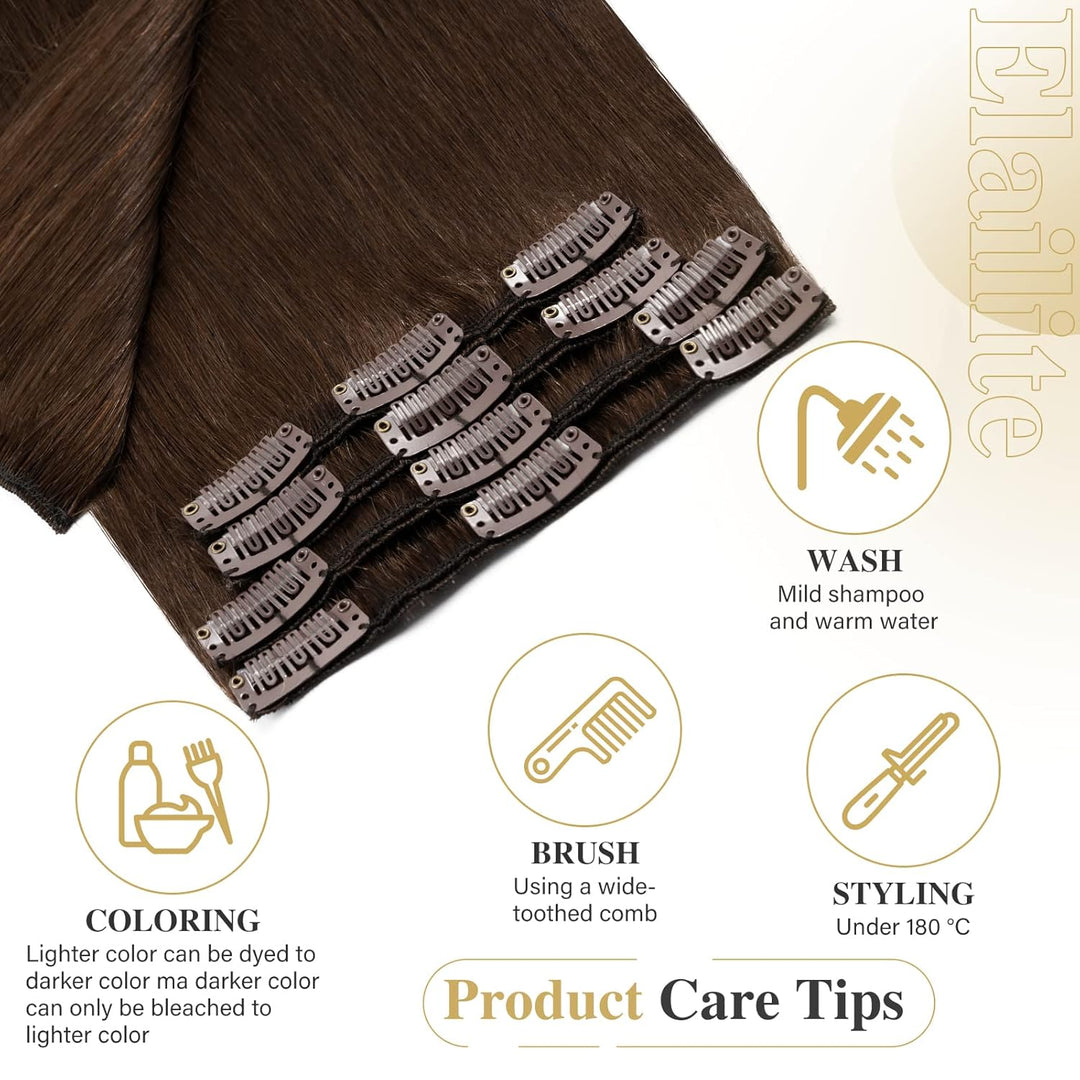 Elailite Extensions Echthaar Clip in 8 Tressen Glatt #4 Mittel braun, Haarverlängerung Real Human Ha