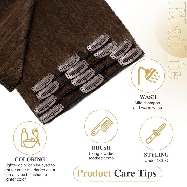 Elailite Extensions Echthaar Clip in 8 Tressen Glatt #4 Mittel braun, Haarverlängerung Real Human Ha
