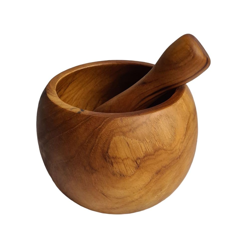 WINDALF Robuster Mörser mit Schlegel BARI Ø 13 cm Kräuter Knoblauch Pesto Holzmörser aus Teakholz Ha