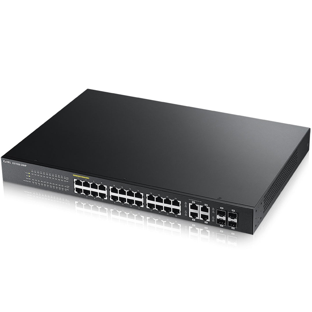 Zyxel 24 / 28 port Gigabit Ethernet Smart-Managed PoE+ Switch mit einem Budget von 375 Watt und vier