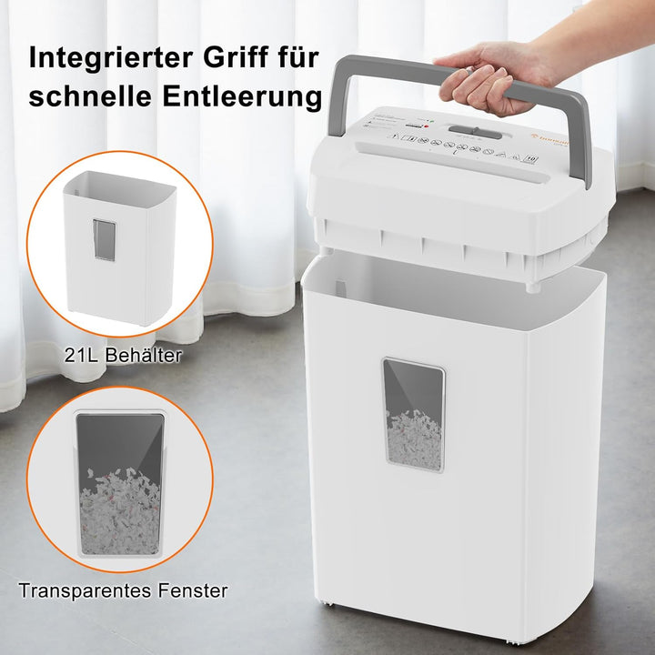 Bonsaii 10-Blatt Aktenvernichter P4, Mikroschnitt schredder für 21L Behälter, Anti-Blockier-System &
