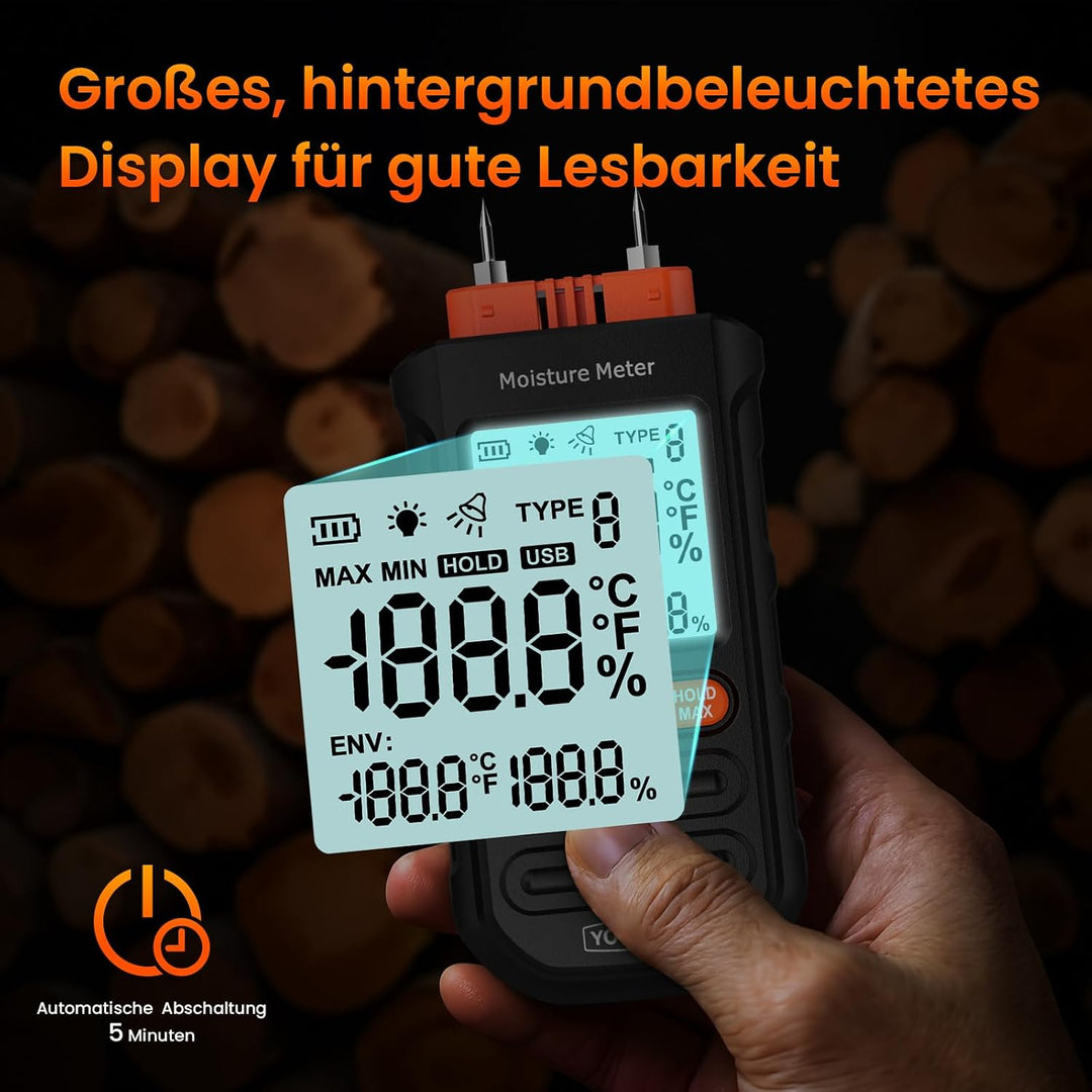 Holzfeuchtemessgerät 4-In-1 Feuchtigkeitsmessgerät Holz und Wand mit Hold-Funktion, Messung von Umge