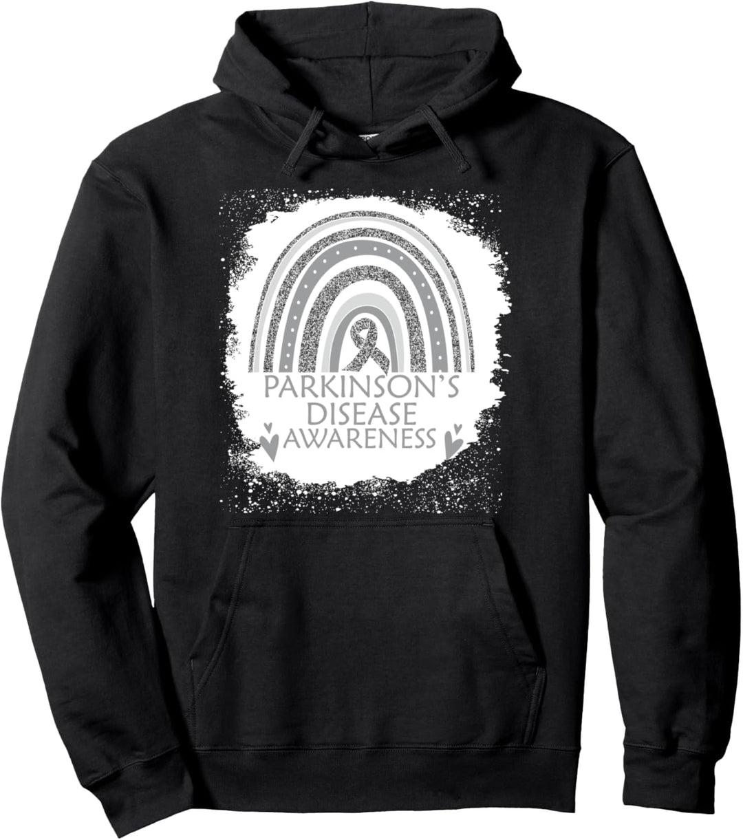 Parkinson's Disease Awareness Bleached Rainbow Gray Ribbon Pullover Hoodie