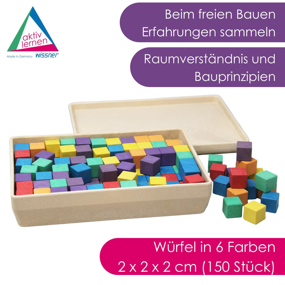 WISSNER® aktiv Lernen – 150 Farbige Würfel 2 cm, RE-Wood, in 6 Farben, nachhaltig & schadstofffrei,