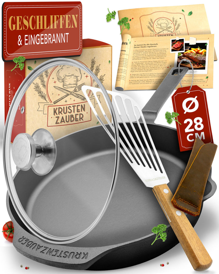 KRUSTENZAUBER Gusseisenpfanne Induktion 28cm inkl. Deckel und Pfannenwender - Geschliffene Pfanne Gu