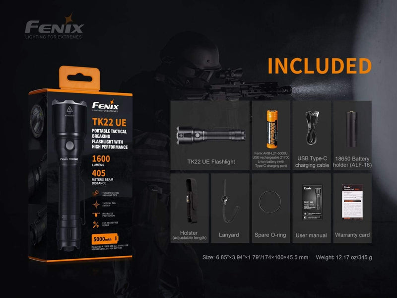 FENIX Unisex-Adult Tactical Flashlight TK22 UE LED Taschenlampe 1600 Lumen, Black, small