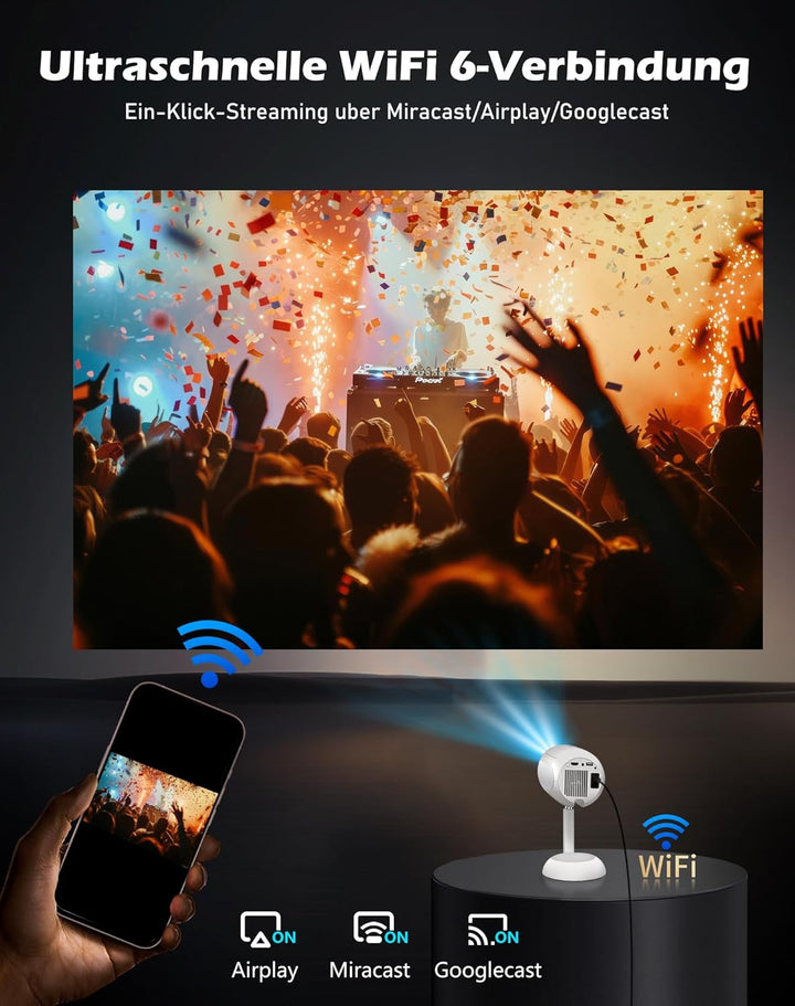 VGKE Mini Beamer mit Android-App, 3D TOF-Autofokus, Automatische Trapezkorrektur, 16000 Lumen Full H