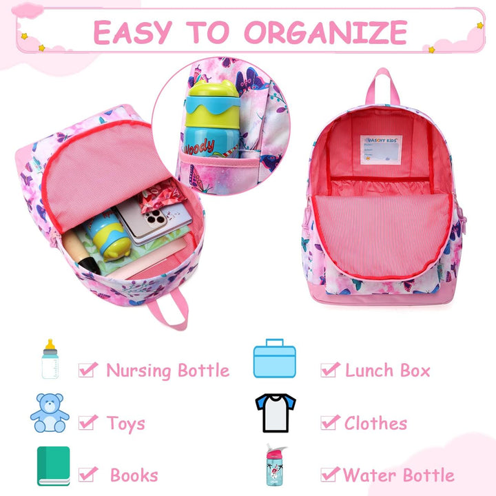 VASCHY Mädchen Schulrucksack 4-6 Jahre Schulrucksack mit Seitentaschen und Brustgurt 148-schmetterli