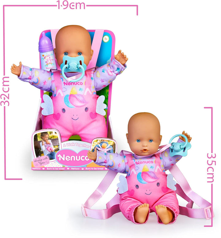 Nenuco - Spazieren gehen, Babypuppe 35 cm mit weichem Körper, Zubehör und Babytrage, um sie überall