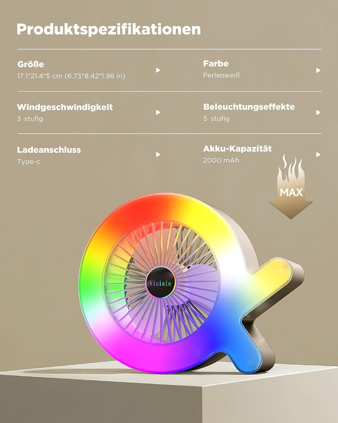 Tischventilator 2-in-1 Mit Rgb-licht Und Wiederaufladbarem 2000mAh Akku, USB-C, 3 Windgeschwindigkei