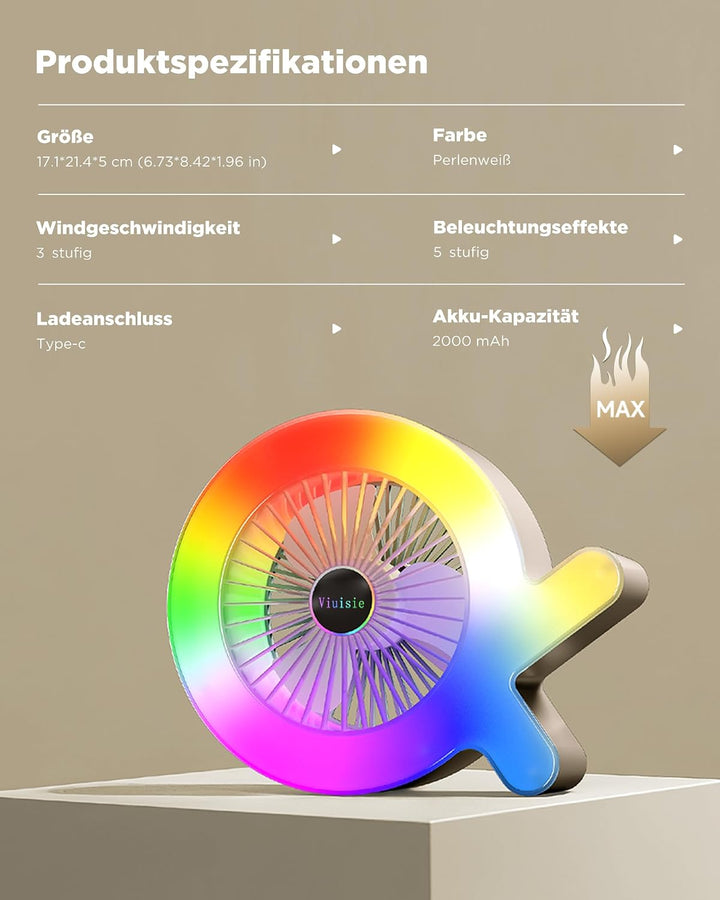 Tischventilator 2-in-1 Mit Rgb-licht Und Wiederaufladbarem 2000mAh Akku, USB-C, 3 Windgeschwindigkei