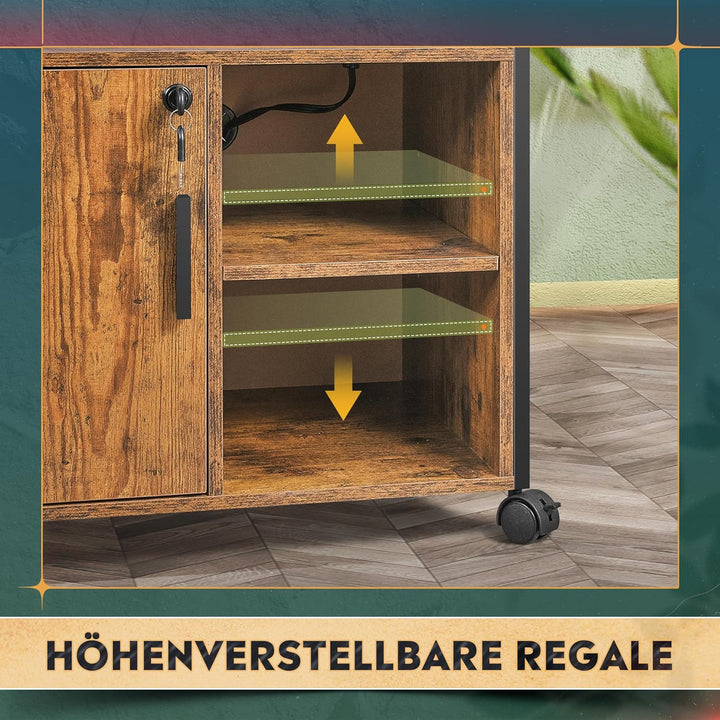 DEVAISE Druckertisch mit Ladestation, Rollcontainer mit Rollen und offenen Ablagen, Druckerschrank a