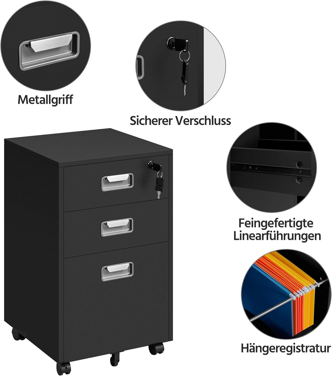 Yaheetech Rollcontainer Aktenschrank mit 3 Schubladen und Hängeregistratur Mobiler Büroschrank für A
