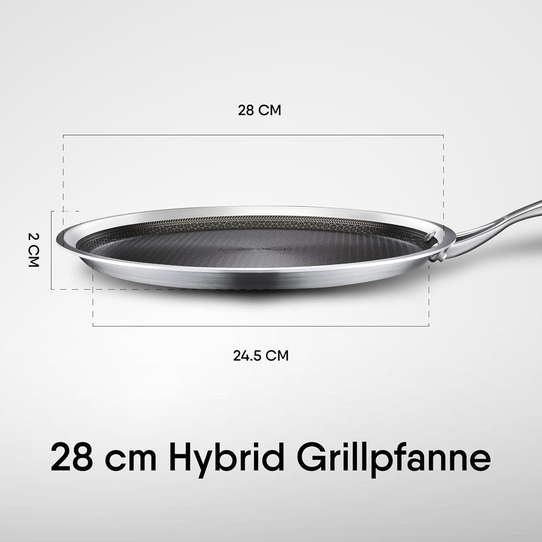 Stahl triply Hybrid-Grillpfanne | Induktionsboden | Antihaftbeschichtung | Kratzfest | Edelstahl | Ø