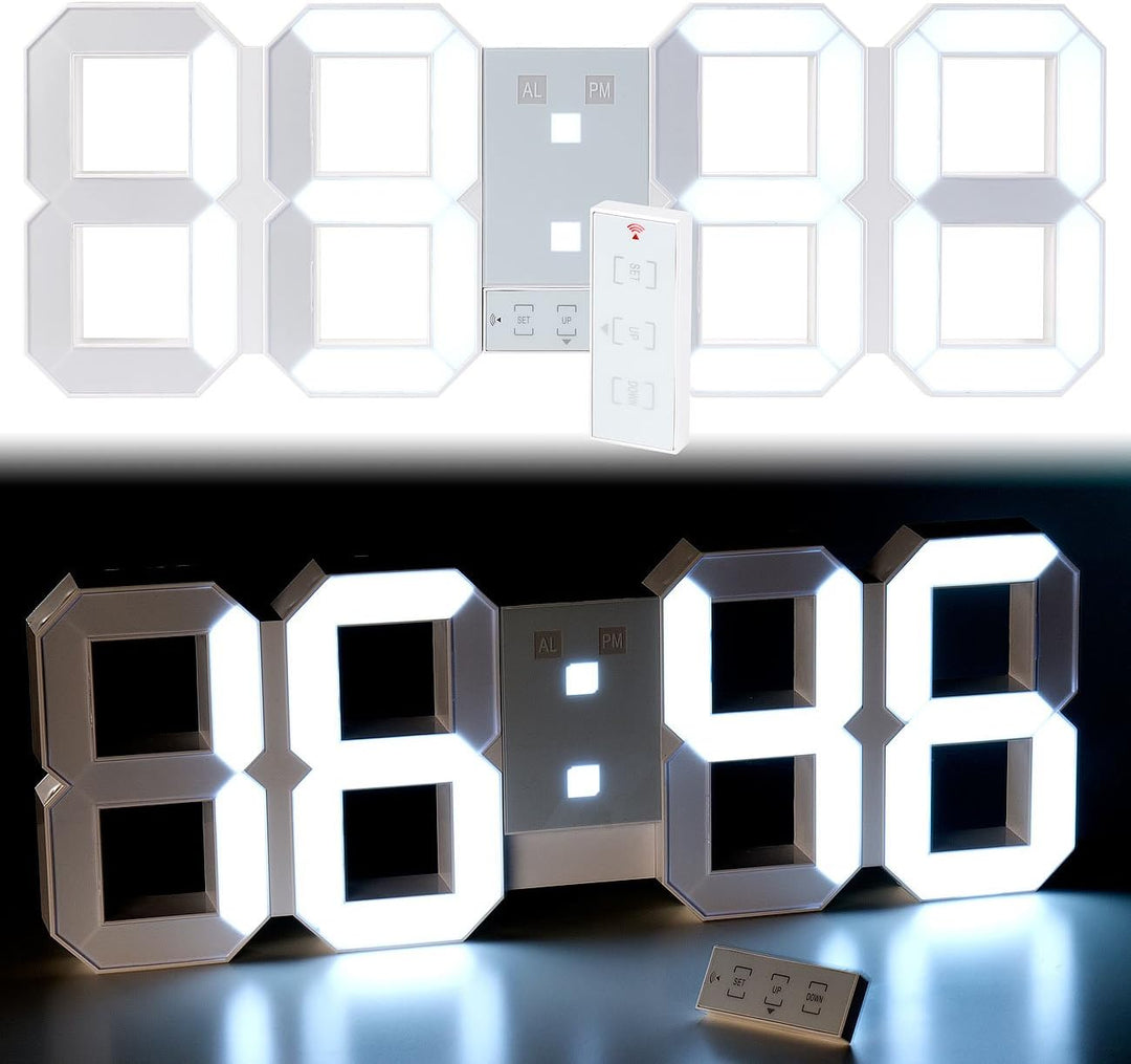 Lunartec LED Uhr Schlafzimmer: Digitale XXL-LED-Tisch- &amp; Wanduhr, 45 cm, dimmbar, Wecker, Fernbedien