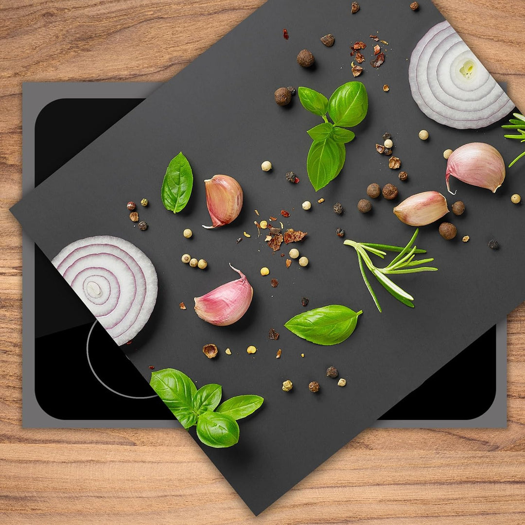 SmartDecoration Herdabdeckplatte Ceranfeldabdeckung aus Glas 60x52 cm Einteilig Motiv "Gemüse" Grau
