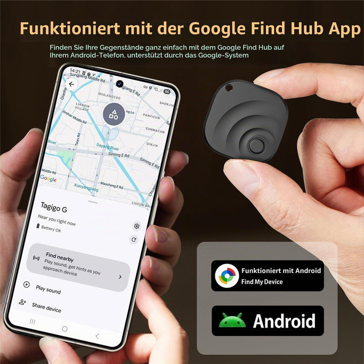 Reyke Smart Tag, kompatibel mit Google Find Hub, Android, Schwarz, 4er-Pack | Bluetooth-Tracker für