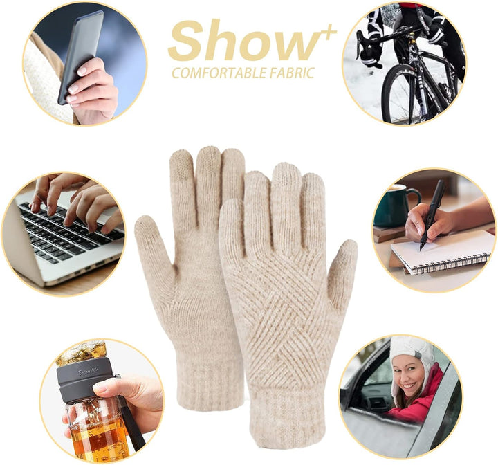 Damen Bommelmütze, Schals, Handschuhe, Set, Thermo, Winter, warm, Strickmütze, Halswärmer und Touchs