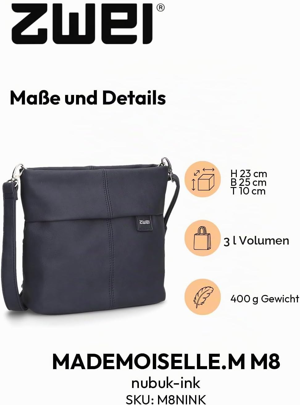 Zwei Damen Mademoiselle M8 Handbag Nubuk-ink, Nubuk-ink