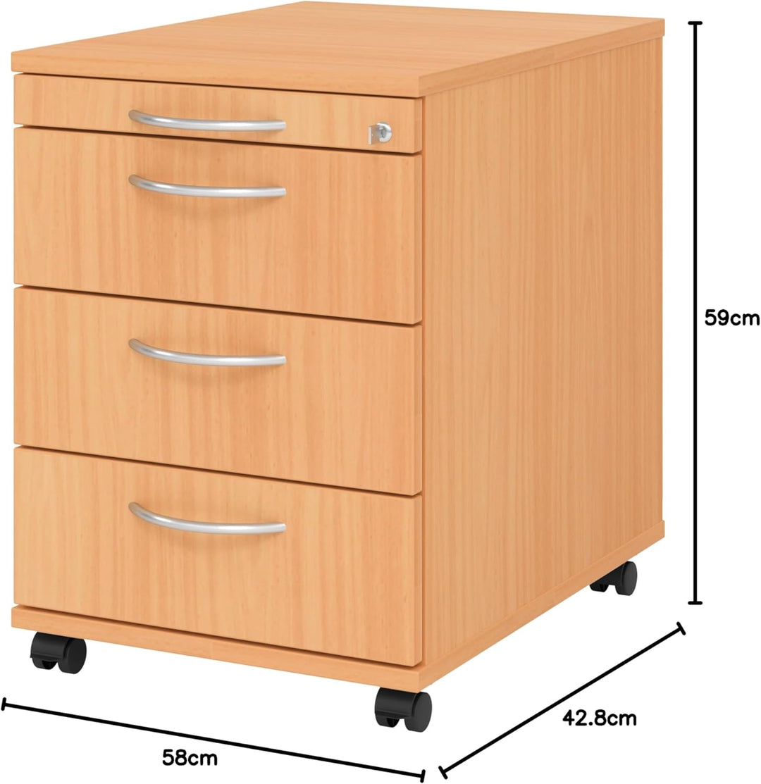 bümö Rollcontainer mit Schubladen, Container abschliessbar aus Holz in Buche - Rollwagen für's Büro