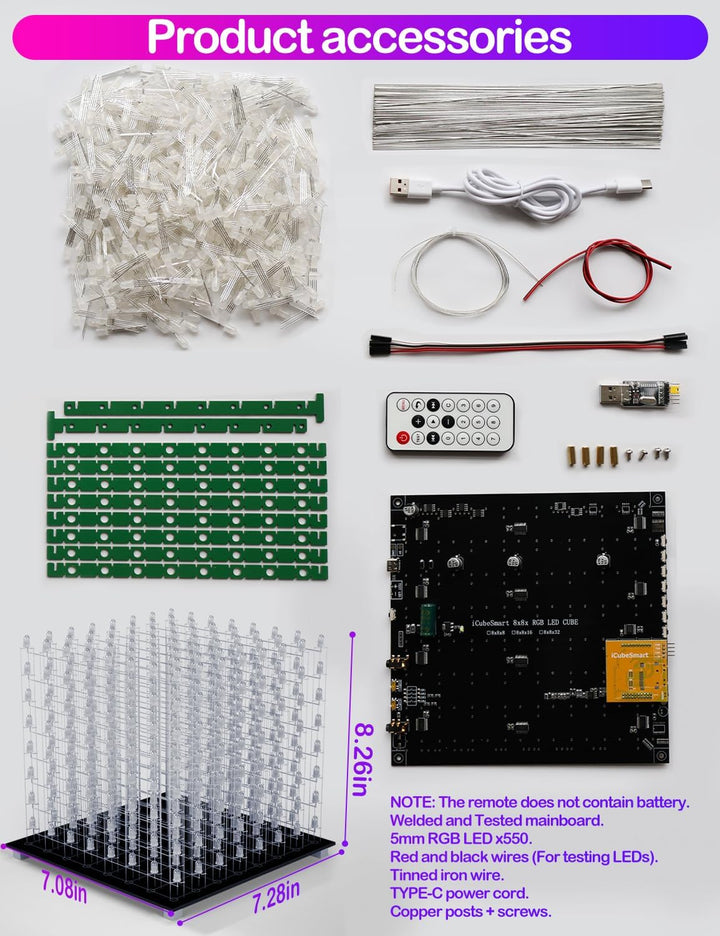 iCubeSmart 3D8RGB-KIT LED-Würfel-Set, DIY-Elektronik-Set, 8 x 8 x 8, LED-Lichtwürfel, DIY-Lötprojekt