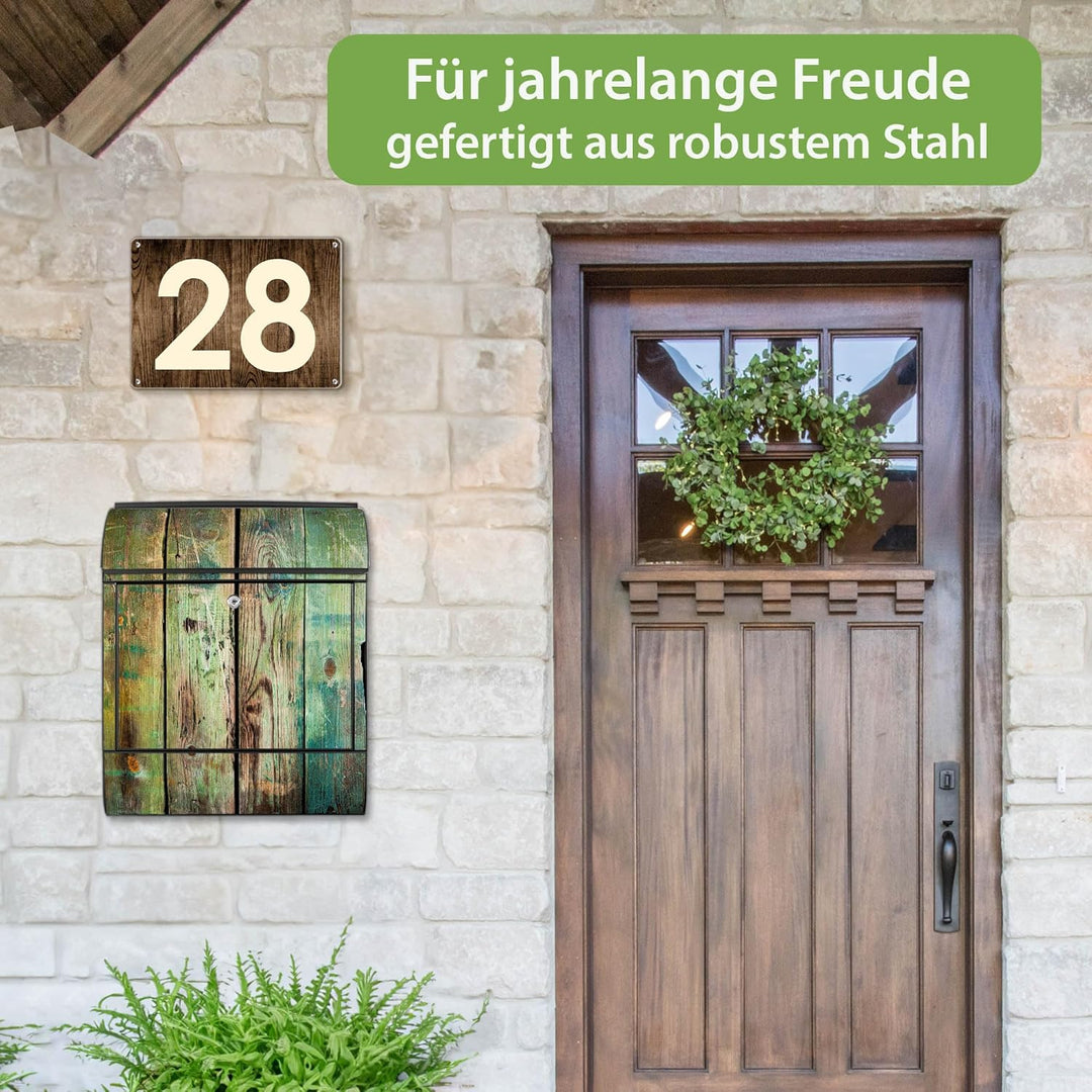 banjado® Design Briefkasten mit Motiv Grünes Holz 39x47x14cm &amp; 2 Schlüssel - Briefkasten Stahl schwa