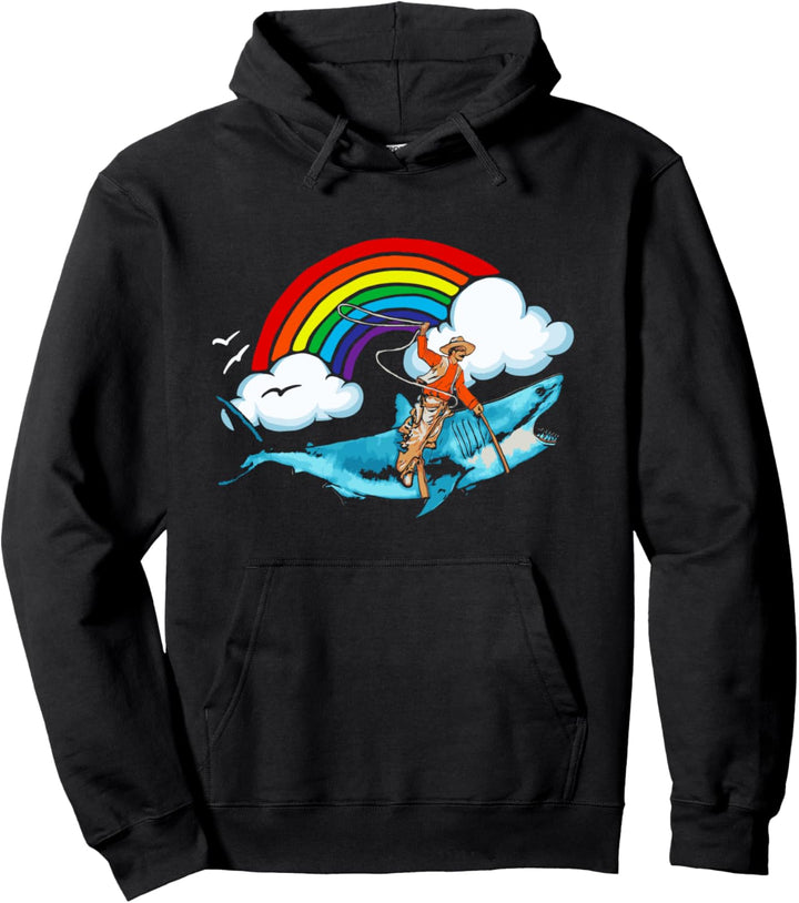 Shark Lover Rodeo Cowboy Riding Great White Rainbow Funny Pullover Hoodie