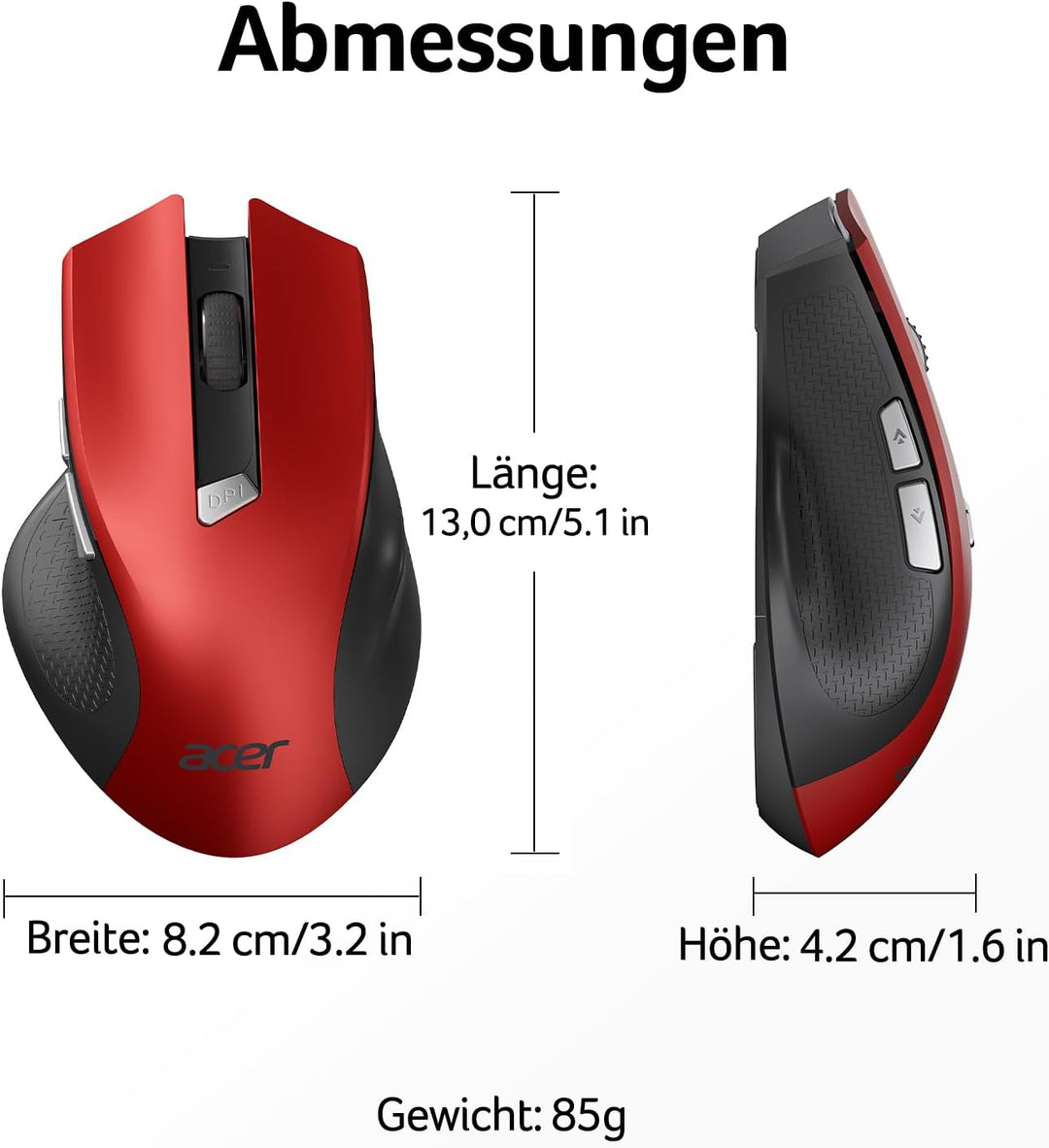 acer Maus Kabellos, 2.4GHz 1600 DPI Funkmaus, 3 Einstellbare DPI Wireless Mouse mit 6 Tasten, Batter