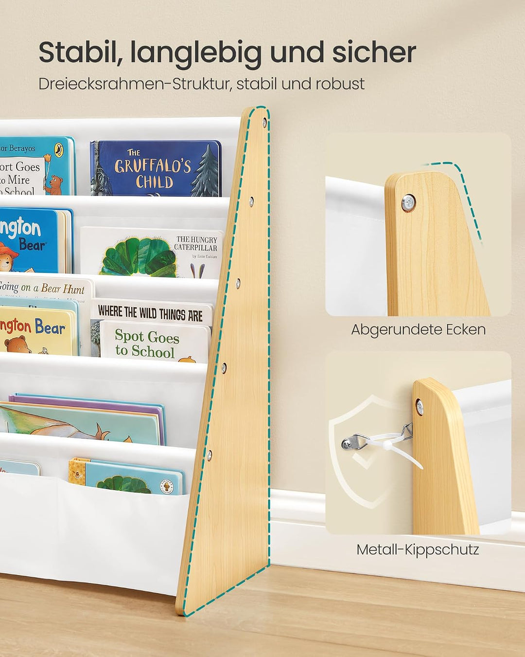 SONGMICS Bücherregal Kinder, mit 4 Ebenen, 62,4 x 25 x 60 cm | Montessori Regal, Stahl, Oxford-Geweb