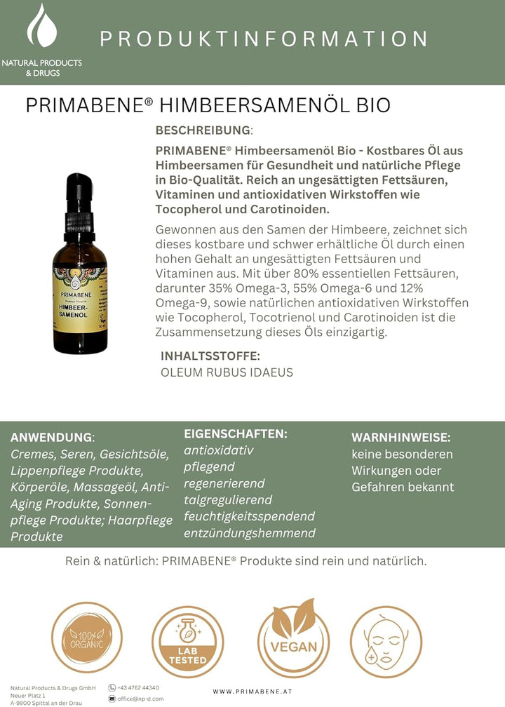 Himbeersamenöl BIO 100% rein &amp; kaltgepresst–Naturöl für Hautpflege, Haarpflege &amp; Sonnenschutz– Reich