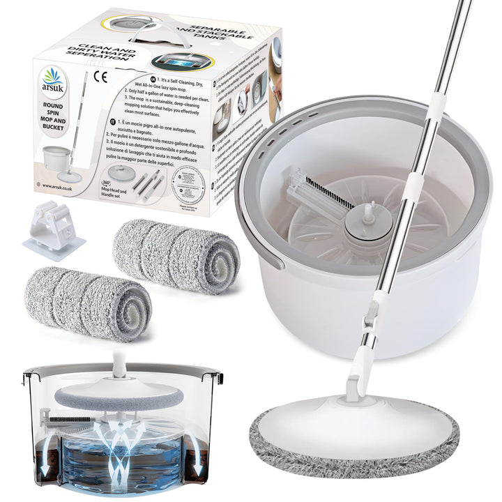 ARSUK Wischmopp und Eimer Set, 360° Flachwischer Bodenwischer mit Wringer und Teleskopstiel - 2 Mikr