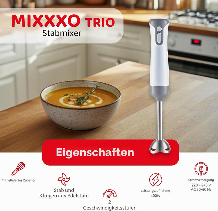 Melchioni Family MIXXXO TRIO, Stabmixer, abnehmbarer Stahlfuss, Mixer mit 2 Geschwindigkeiten, Stahl