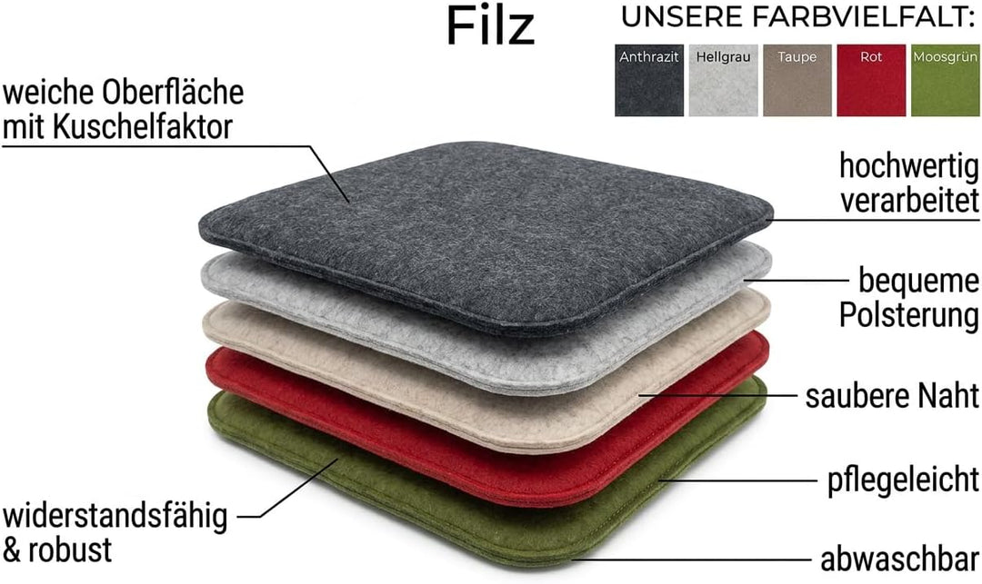 KAMACA Sitzkissen 4er Set 35x35 cm Eckig Anthrazit – Stuhlkissen aus Filz Gepolstert mit Schaumkern