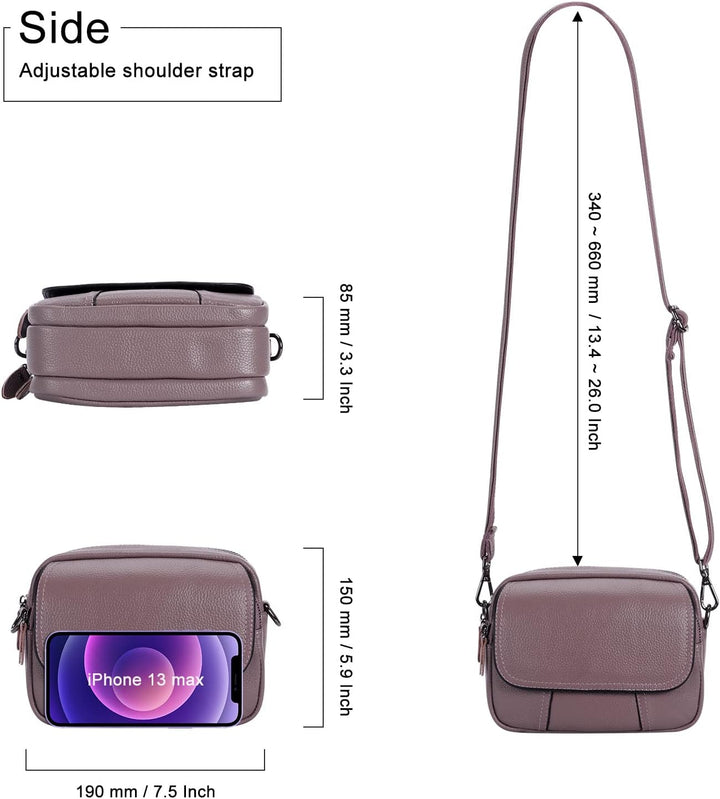 HAWEE Damen Handy Umhängetasche Echtes Leder Crossbody Schultertasche mit 3 Reissverschlüsse Kleine