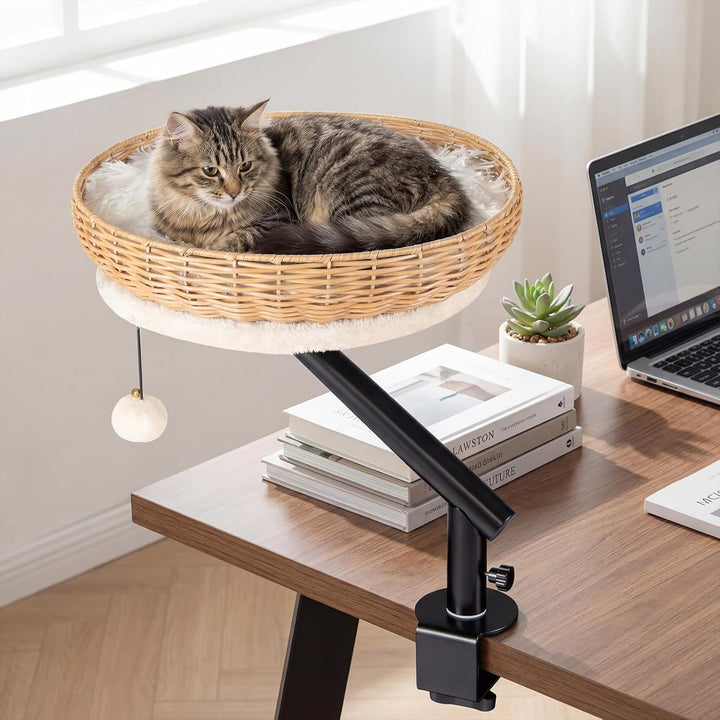 COSTWAY Katzenbett für Schreibtisch, Katzenkorb aus PE-Rattan, 360° drehbar, Katzen Schreibtischbett