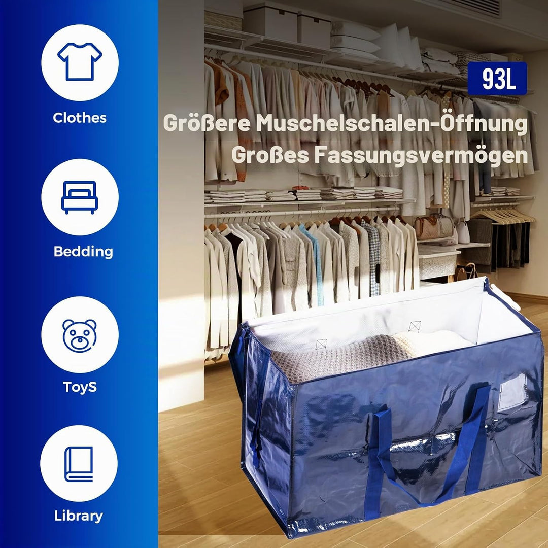 Umzugstaschen 93 L, 4er-Pack Aufbewahrungstaschen mit Reissverschluss, Umzugstaschen Heavy Duty Extr