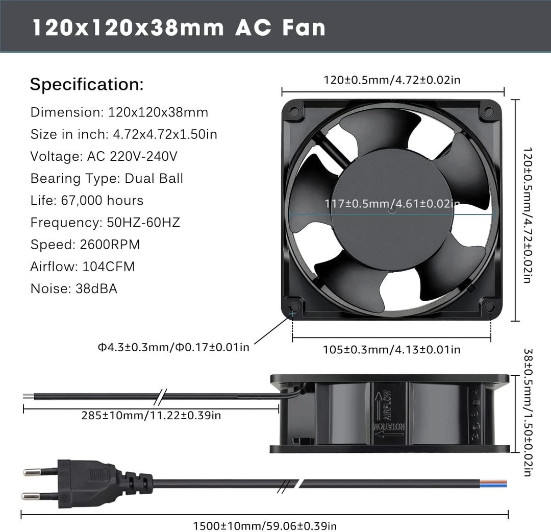 GDSTIME AC Lüfter 220V 120mm lüfter 120mm x 38mm lüfter 230V Axialkühl lüfter 12038 Dual Kugellager