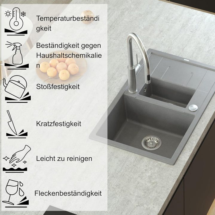 QUADRON Spülbecken Weiss Granit Granitspüle | Grösse 78 x 50 x 22 cm, Farbe: Weiss & Golden | MORGAN
