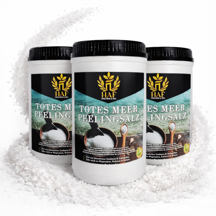 HAF® Premium Totes Meer Peelingsalz für empfindliche &amp; trockene Haut | 3 x 1 kg in Dosen | Salz Peel