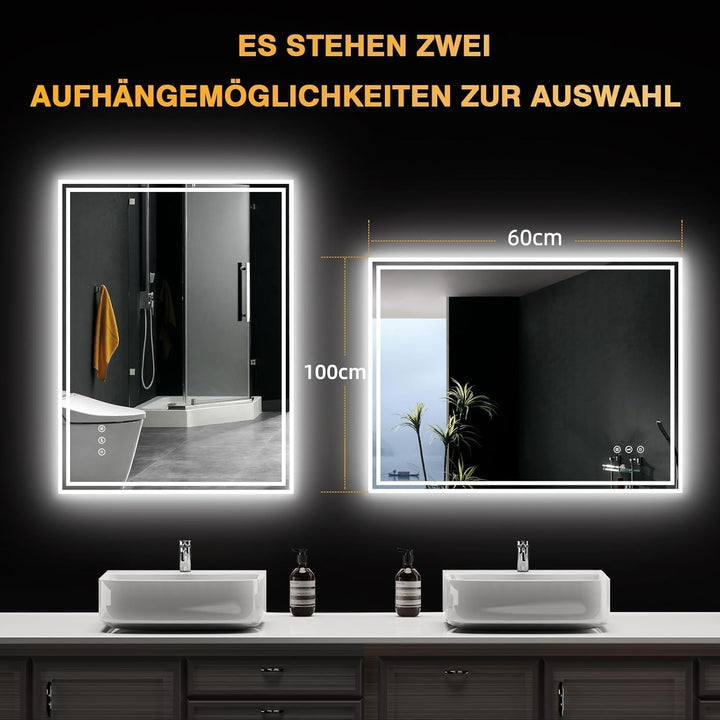LED Badspiegel mit Beleuchtung, Beleuchteter Badezimmerspiegel mit 3 Lichtfarben, Dimmbar, Anti-Besc