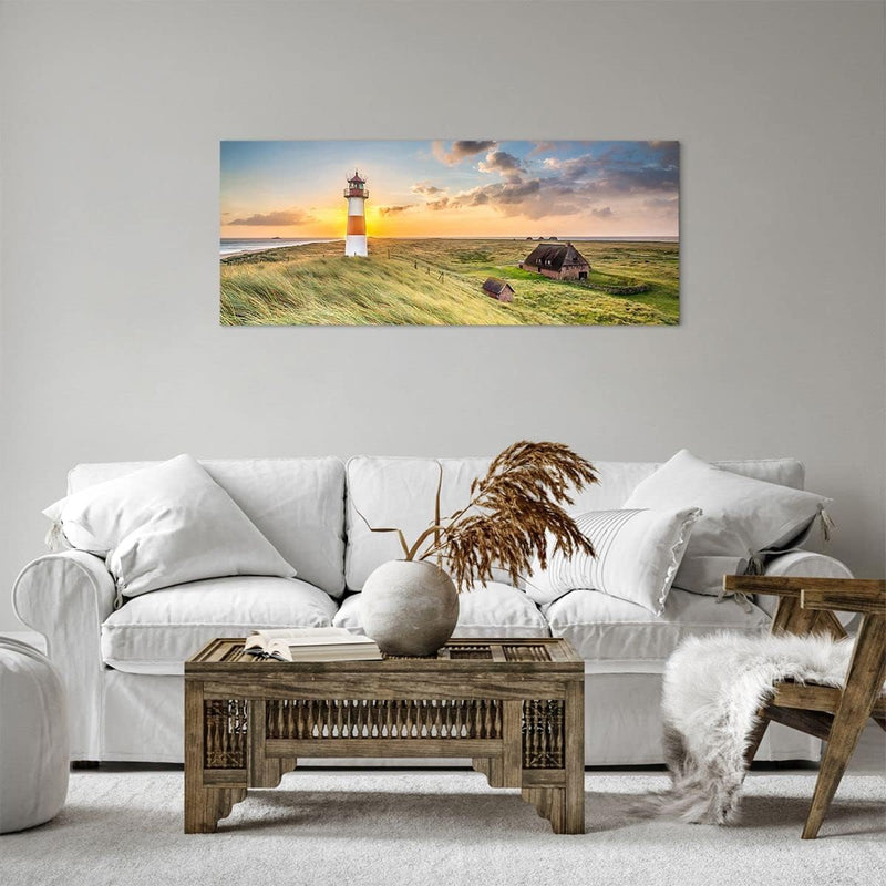 Panorama Bilder auf Leinwand 100x40cm Leinwandbild mit Rahmen Leuchtturm Meer Gross Wanddeko Bild Sc