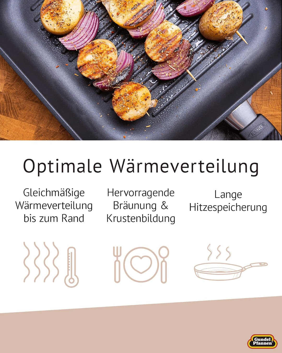 Original Gundel GUSS-QUADRAT-GRILLPFANNE INDUKTION flach, Steakpfanne 28 x 28 cm, Höhe 4 cm, BIOTAN-