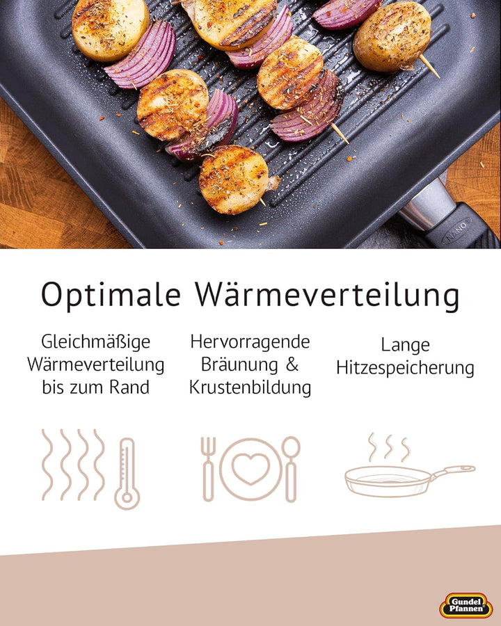 Original Gundel GUSS-QUADRAT-GRILLPFANNE INDUKTION flach, 28 x 28 cm, Höhe 4 cm, BIOTAN-Oberfläche,