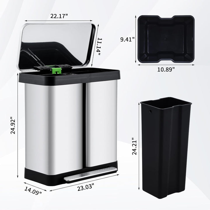 Mülleimer Küche,2 x 36 L Mülltrennsystem Edelstahl Mülleimer 2 fächer tretmülleimer Doppeldeckel mül