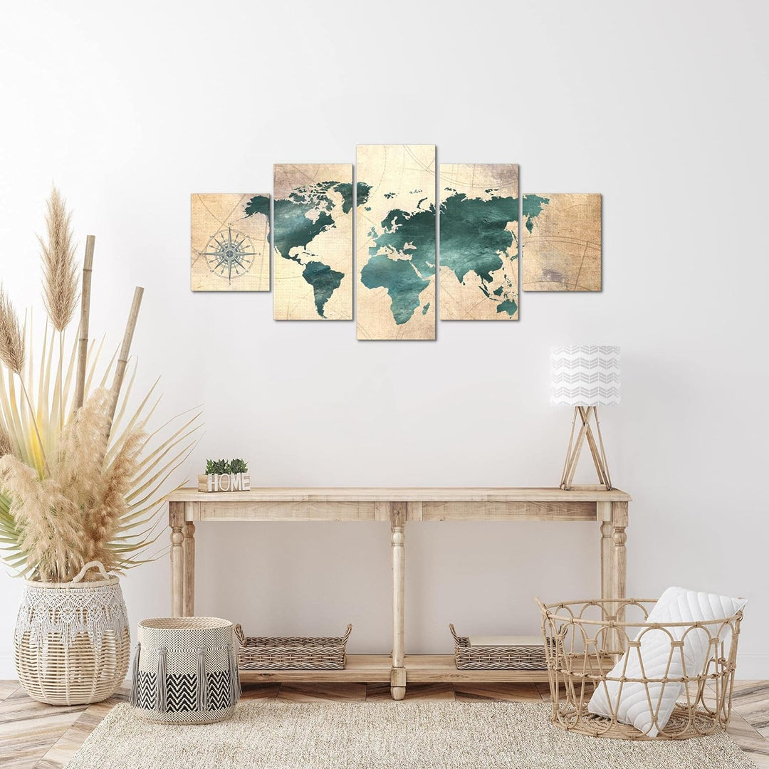Runa Art Wandbilder Weltkarte 5 Teilig Bild auf Vlies Leinwand Deko Büro Wohnzimmer Steinoptik Beige