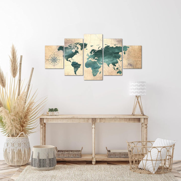 Runa Art Wandbilder Weltkarte 5 Teilig Bild auf Vlies Leinwand Deko Büro Wohnzimmer Steinoptik Beige